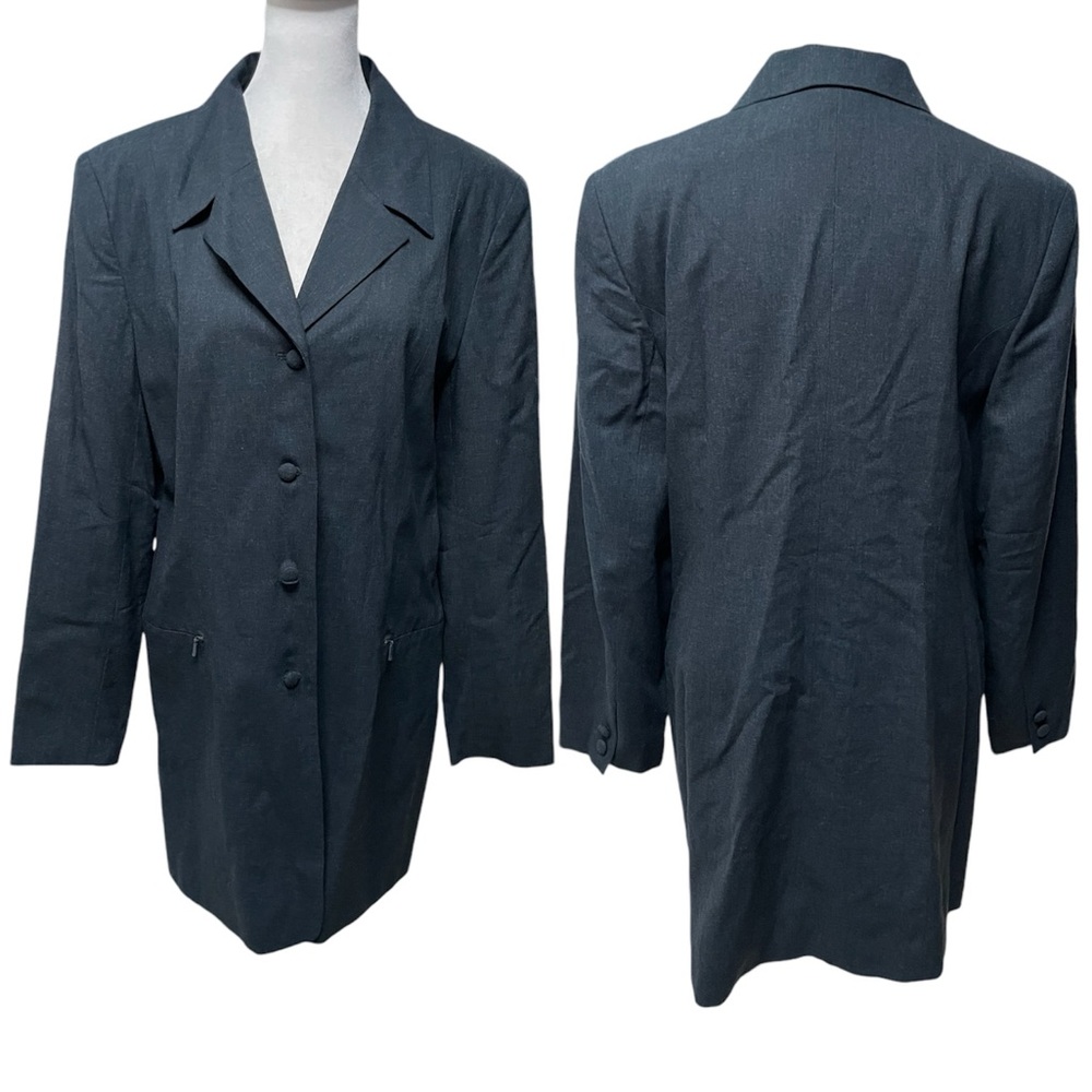 Jacqueline Ferrar Navy Blue Wool Blend Long 4 Button Blazer Size 10